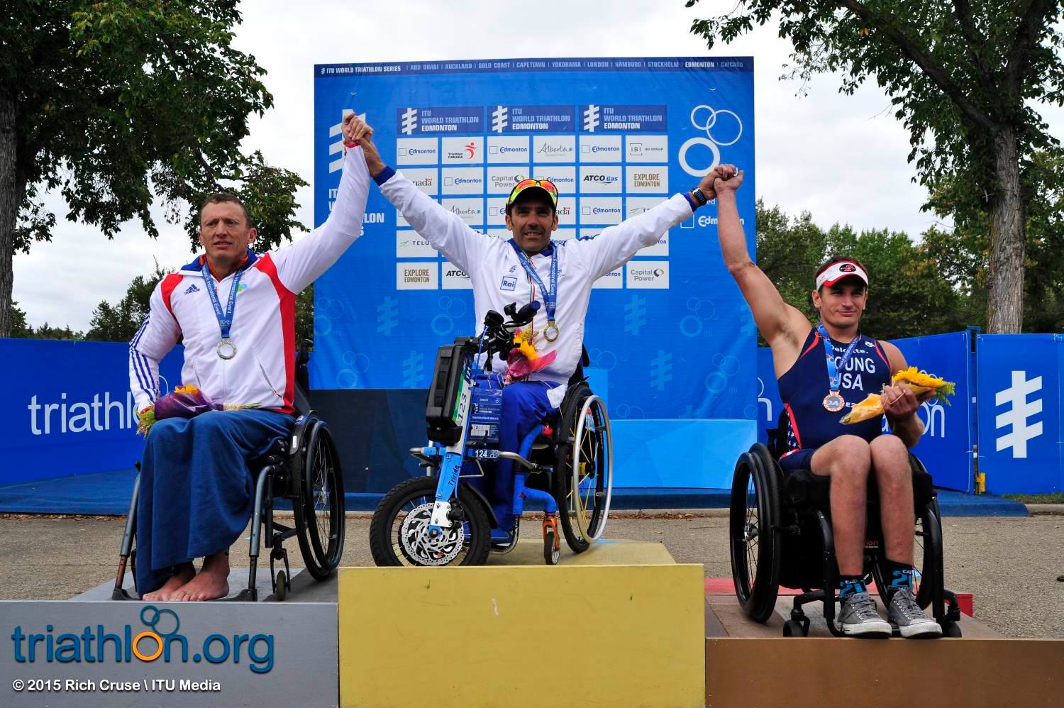 Zach Young on the podium at the 2015 ITU World Triathlon Championship in Edmonton, Canada, finishing 3rd representing the USA